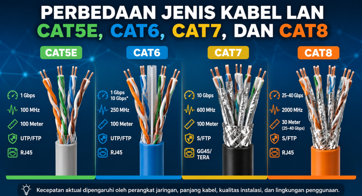Perbedaan Jenis Kabel LAN Cat5e, Cat6, Cat7, dan Cat8