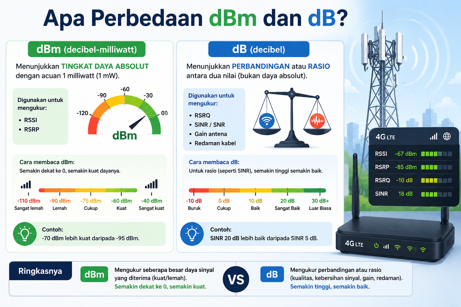 Indikator Sinyal 4G LTE: RSSI, SINR, RSRP, RSRQ, dBm, dB 3 Apa Perbedaan dBm dan dB?