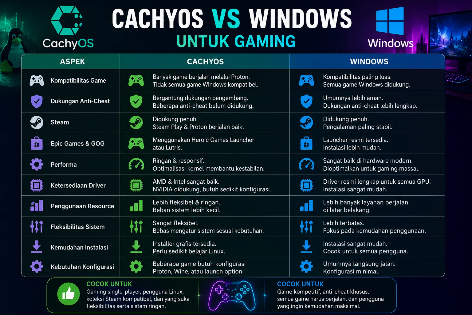 Apakah Sistem Operasi CachyOS Bisa untuk Gaming? 3 CachyOS vs Windows untuk Gaming